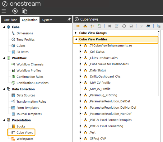 Application tab open with yellow highlighted box around Cube Views and Cube Views pane open with yellow highlighted box around Cube View Profiles 